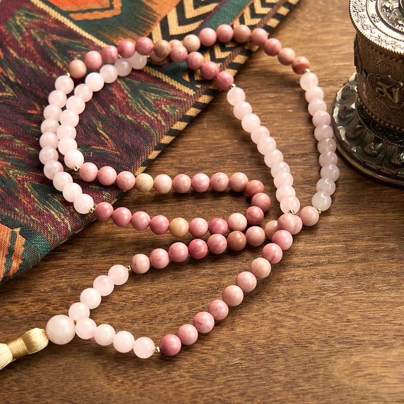 Nimara Ritual 108 Mala Beads Rhodonite Rose Quartz Tassel Healing Bracelet