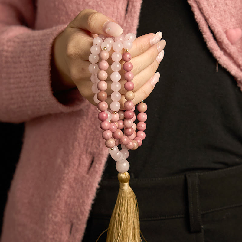 Nimara Ritual 108 Mala Beads Rhodonite Rose Quartz Tassel Healing Bracelet