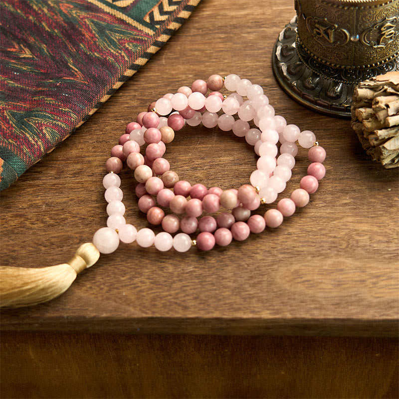 Nimara Ritual 108 Mala Beads Rhodonite Rose Quartz Tassel Healing Bracelet