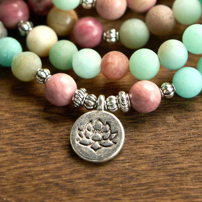 Nimara Ritual 108 Mala Beads Rhodonite Amazonite Lotus Healing Bracelet