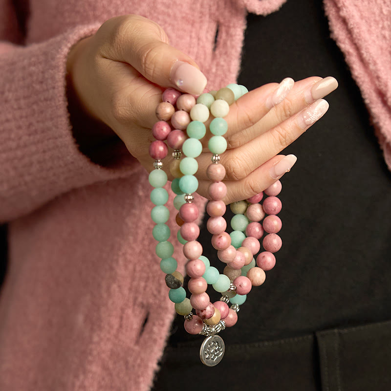 Nimara Ritual 108 Mala Beads Rhodonite Amazonite Lotus Healing Bracelet
