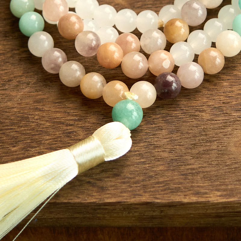 Nimara Ritual 108 Mala Beads Natural White Jade Amazonite White Tassel Healing Bracelet