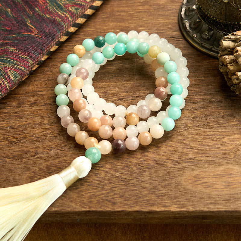 Nimara Ritual 108 Mala Beads Natural White Jade Amazonite White Tassel Healing Bracelet