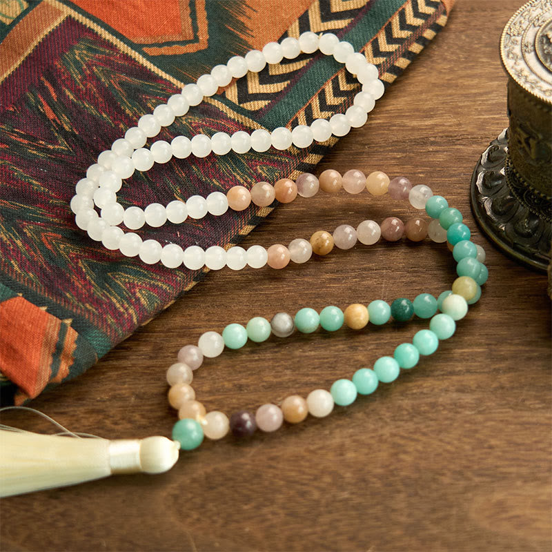 Nimara Ritual 108 Mala Beads Natural White Jade Amazonite White Tassel Healing Bracelet