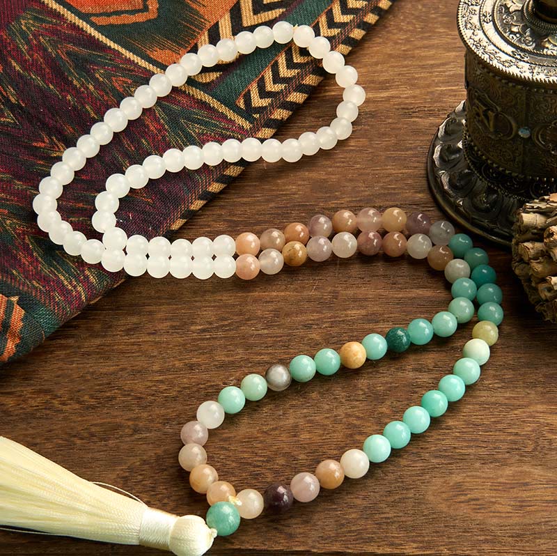 Nimara Ritual 108 Mala Beads Natural White Jade Amazonite White Tassel Healing Bracelet