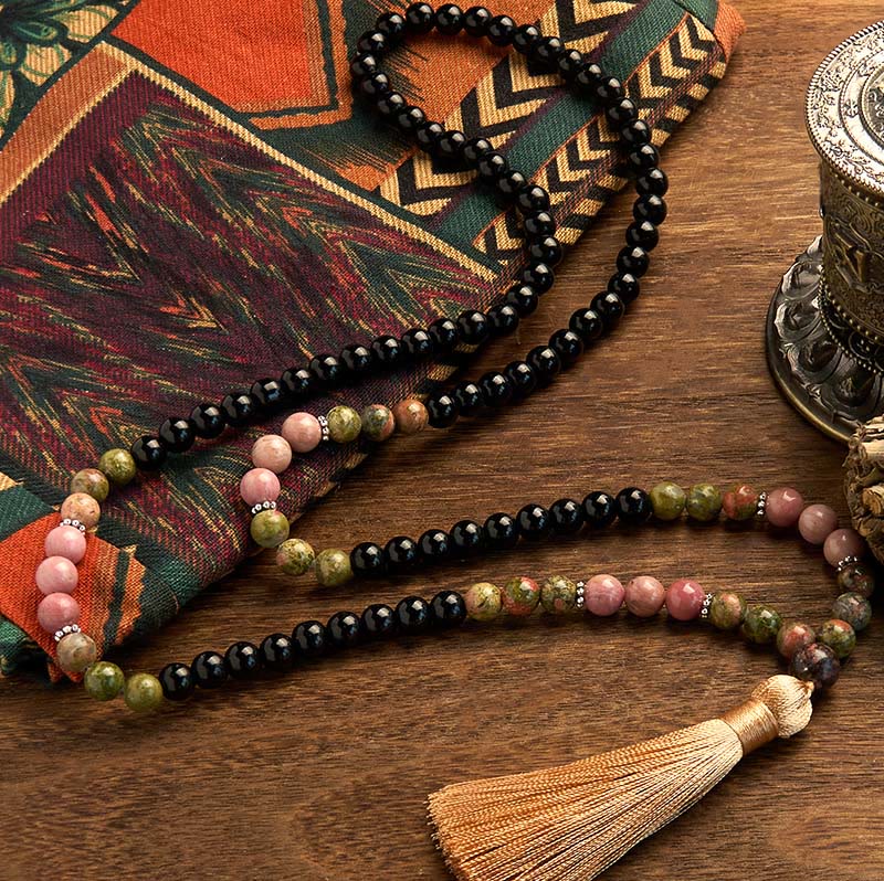 Nimara Ritual 108 Mala Beads Black Jasper Rhodonite Khaki Tassel Healing Bracelet