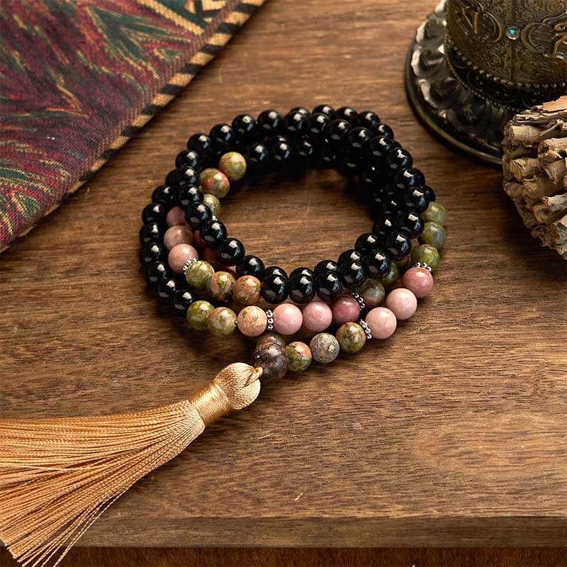Nimara Ritual 108 Mala Beads Black Jasper Rhodonite Khaki Tassel Healing Bracelet