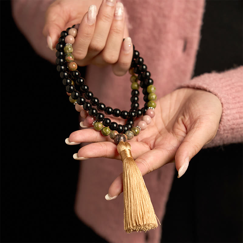 Nimara Ritual 108 Mala Beads Black Jasper Rhodonite Khaki Tassel Healing Bracelet