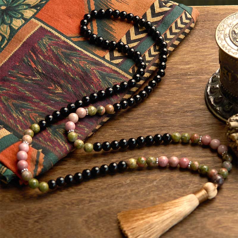 Nimara Ritual 108 Mala Beads Black Jasper Rhodonite Khaki Tassel Healing Bracelet