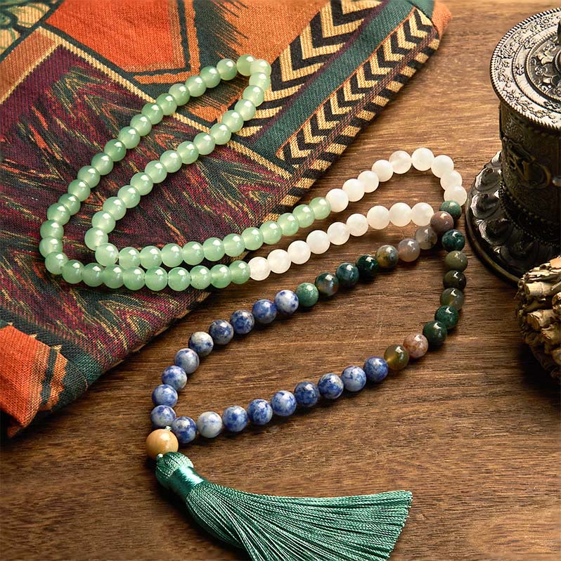 Nimara Ritual 108 Mala Beads Natural Green Aventurine Blue Spot Jasper Indian Agate Green Tassel Luck Bracelet