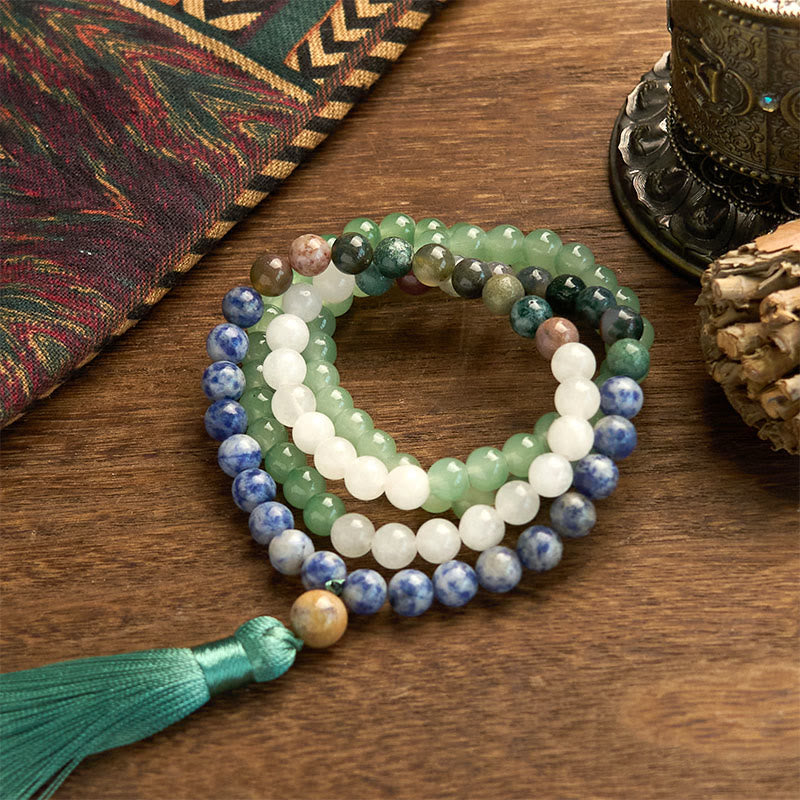 Nimara Ritual 108 Mala Beads Natural Green Aventurine Blue Spot Jasper Indian Agate Green Tassel Luck Bracelet