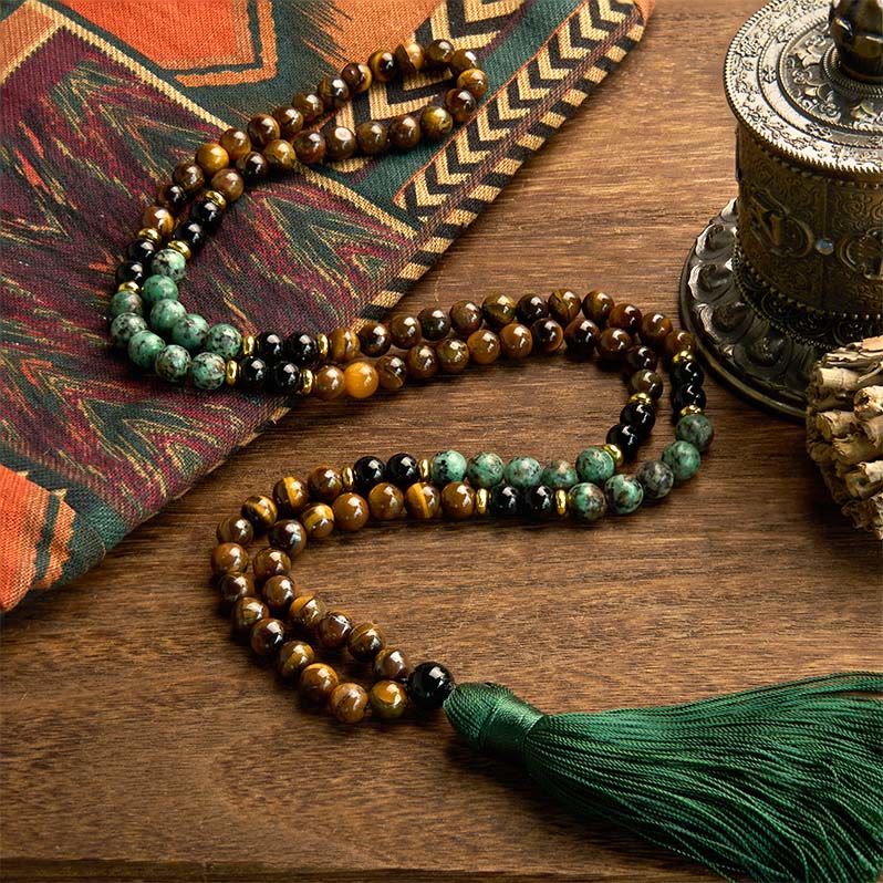 Nimara Ritual 108 Mala Natural Stone Tiger Eye Turquoise Beads Tassel Protection Bracelet
