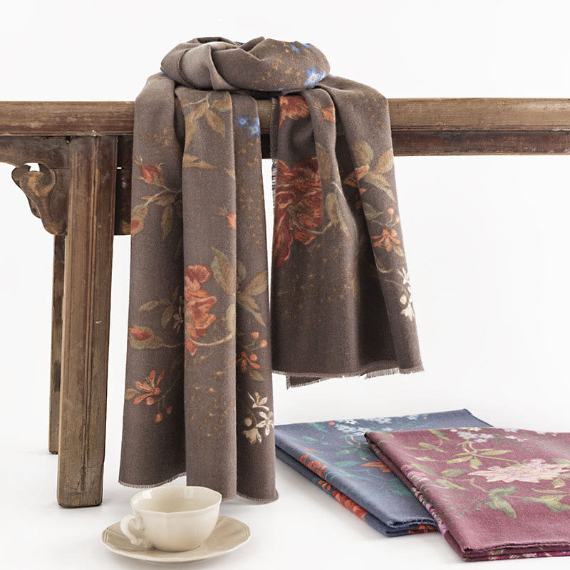 Nimara Ritual Tibetan Multiflora Rose Print Pattern Design Shawl Fall Winter Cozy Warm Scarf Wrap