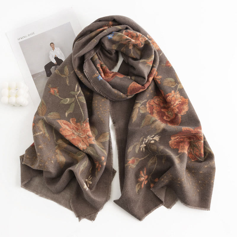Nimara Ritual Tibetan Multiflora Rose Print Pattern Design Shawl Fall Winter Cozy Warm Scarf Wrap