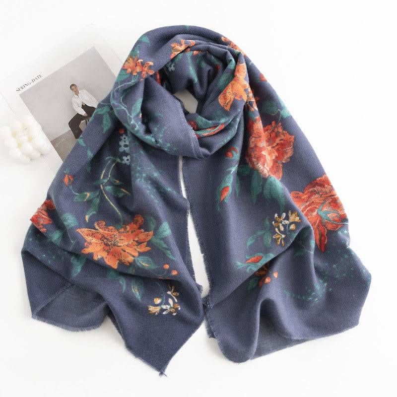 Nimara Ritual Tibetan Multiflora Rose Print Pattern Design Shawl Fall Winter Cozy Warm Scarf Wrap