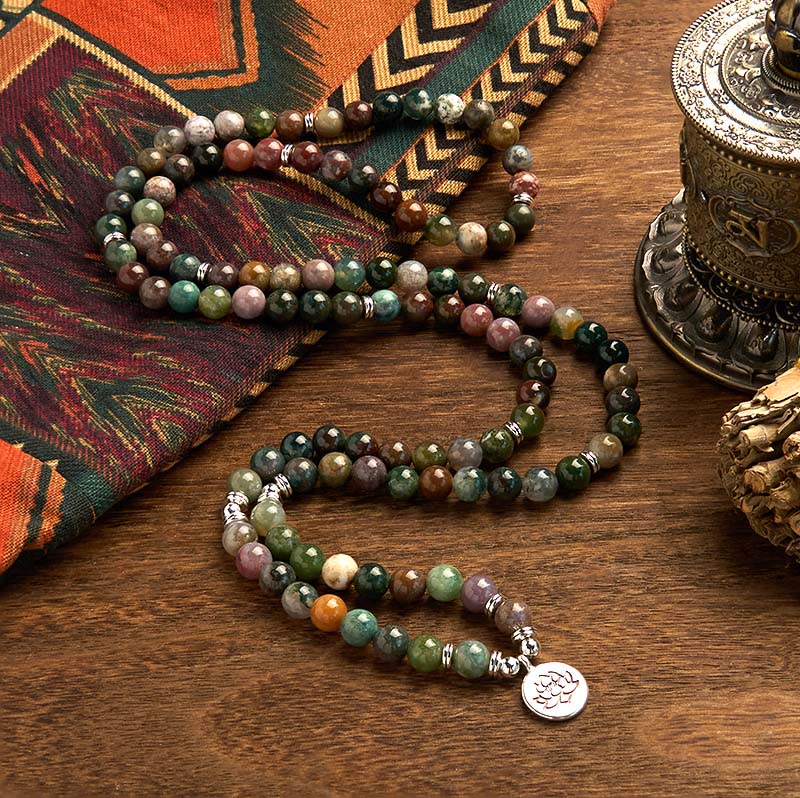 Nimara Ritual 108 Mala Beads Natural Stone Indian Agate Lotus Calm Bracelet
