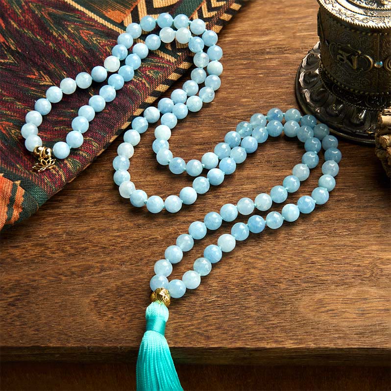 Nimara Ritual 108 Mala Beads Natural Stone Aquamarine Tassel Lotus Healing Bracelet