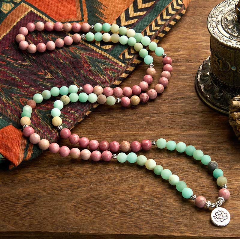 Nimara Ritual 108 Mala Beads Rhodonite Amazonite Lotus Healing Bracelet