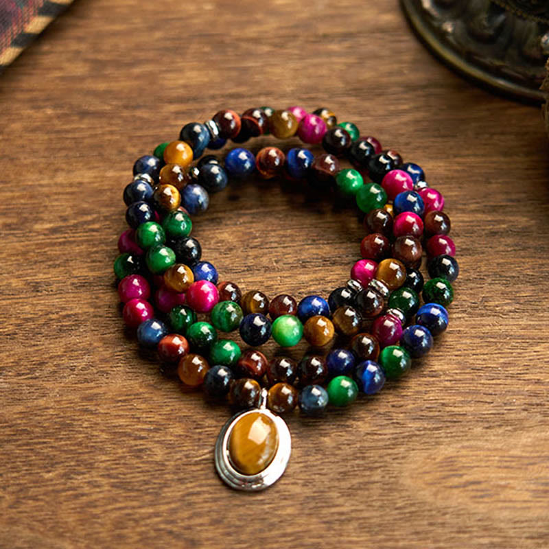Nimara Ritual 108 Mala Beads Natural Colorful Tiger Eye Stone Multi-turn Protection Bracelet