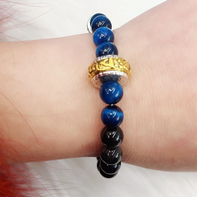 Nimara Ritual Silver Sheen Obsidian Blue Tiger Eye Om Mani Padme Hum Protection Bracelet