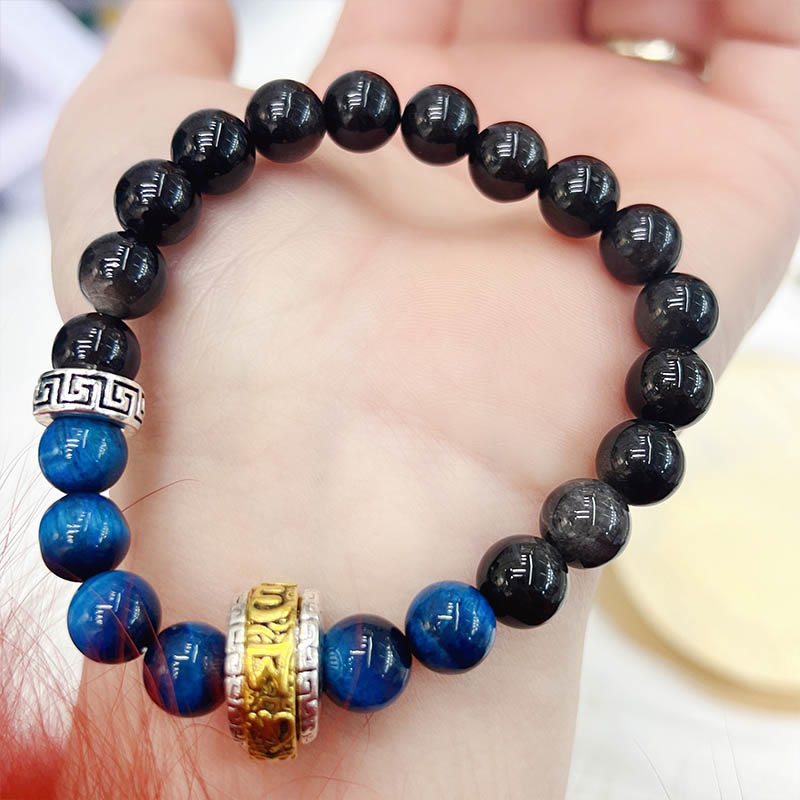 Nimara Ritual Silver Sheen Obsidian Blue Tiger Eye Om Mani Padme Hum Protection Bracelet