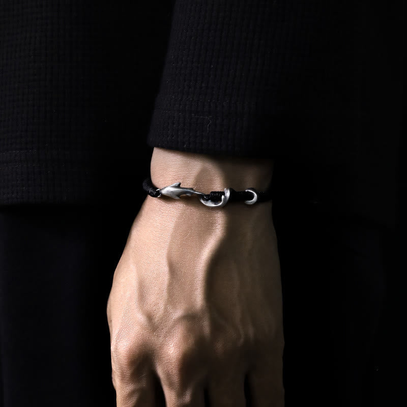 Nimara Ritual 999 Sterling Silver Shark Black Wax Rope Protection Bracelet