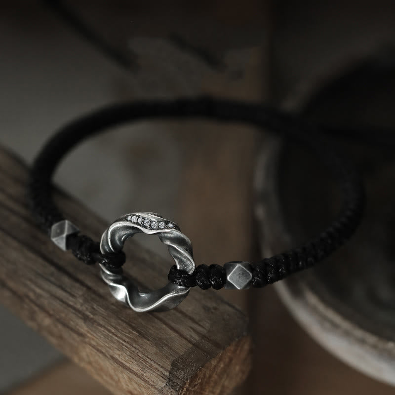 Nimara Ritual 999 Sterling Silver Peace Buckle Black Wax Rope Protection Bracelet
