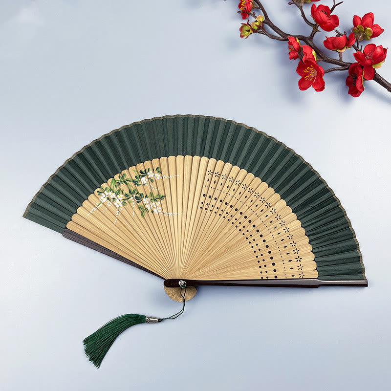 Nimara Ritual Flower Rabbit Spray Painting Handheld Cotton Linen Fabric Bamboo Folding Fan