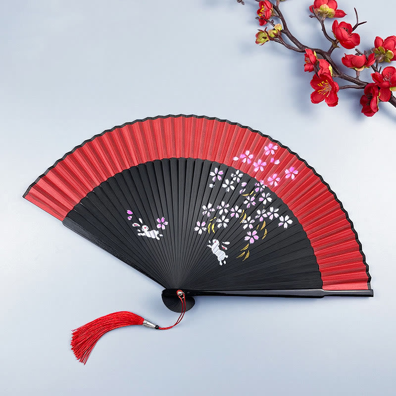Nimara Ritual Flower Rabbit Spray Painting Handheld Cotton Linen Fabric Bamboo Folding Fan