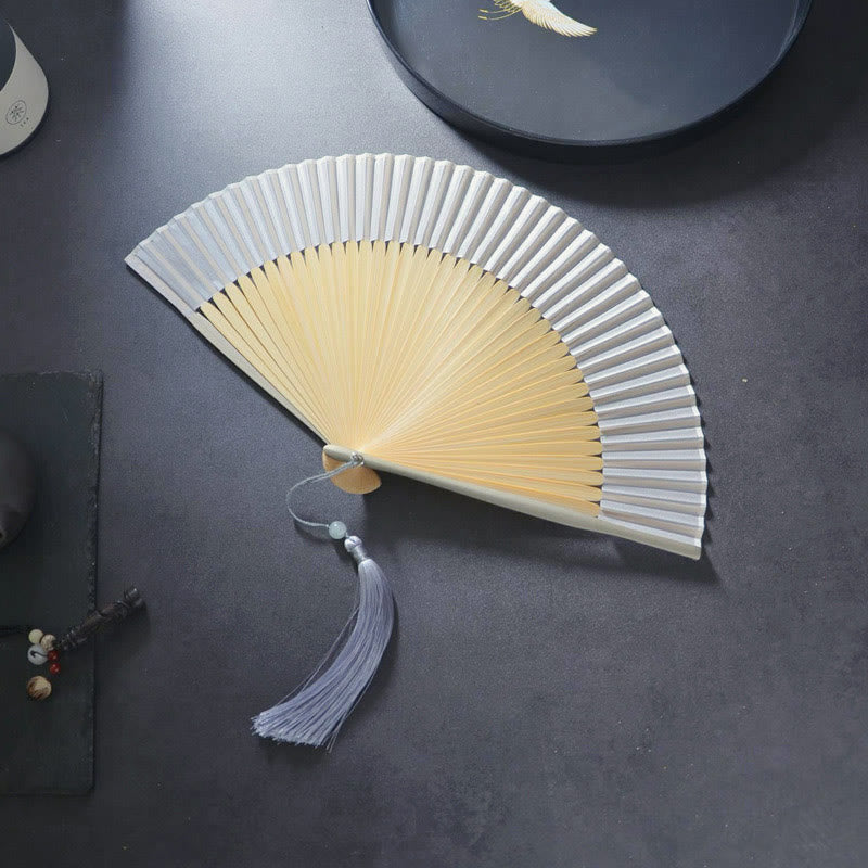 Nimara Ritual Flower Plain Handheld Polyester Tassel Bamboo Folding Fan 21cm