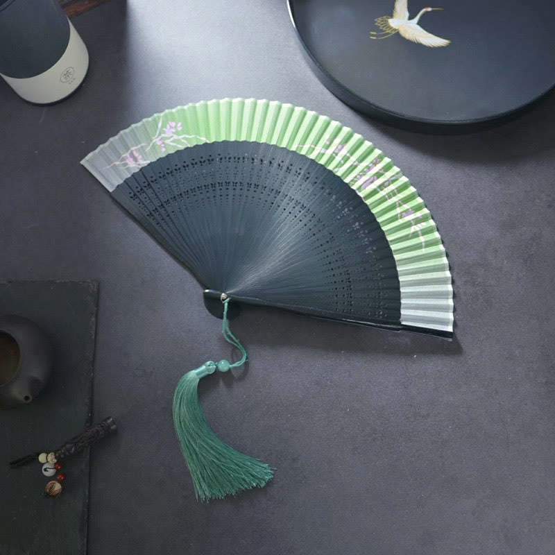Nimara Ritual Flower Plain Handheld Polyester Tassel Bamboo Folding Fan 21cm