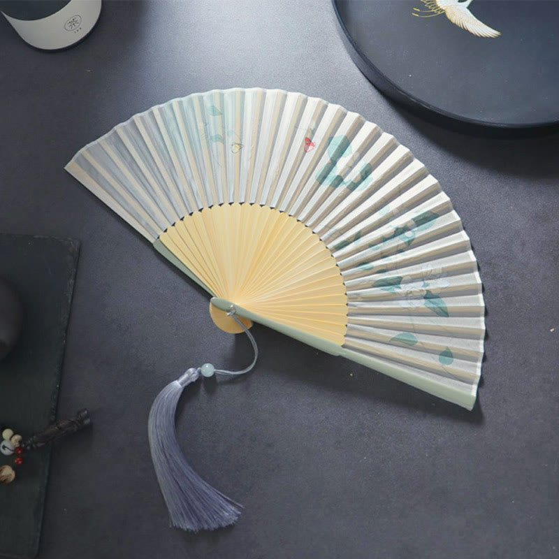 Nimara Ritual Gardenia Cherry Blossom Moon Handheld Polyester Bamboo Folding Fan 21cm