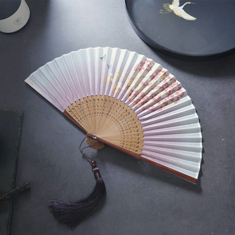 Nimara Ritual Gardenia Cherry Blossom Moon Handheld Polyester Bamboo Folding Fan 21cm