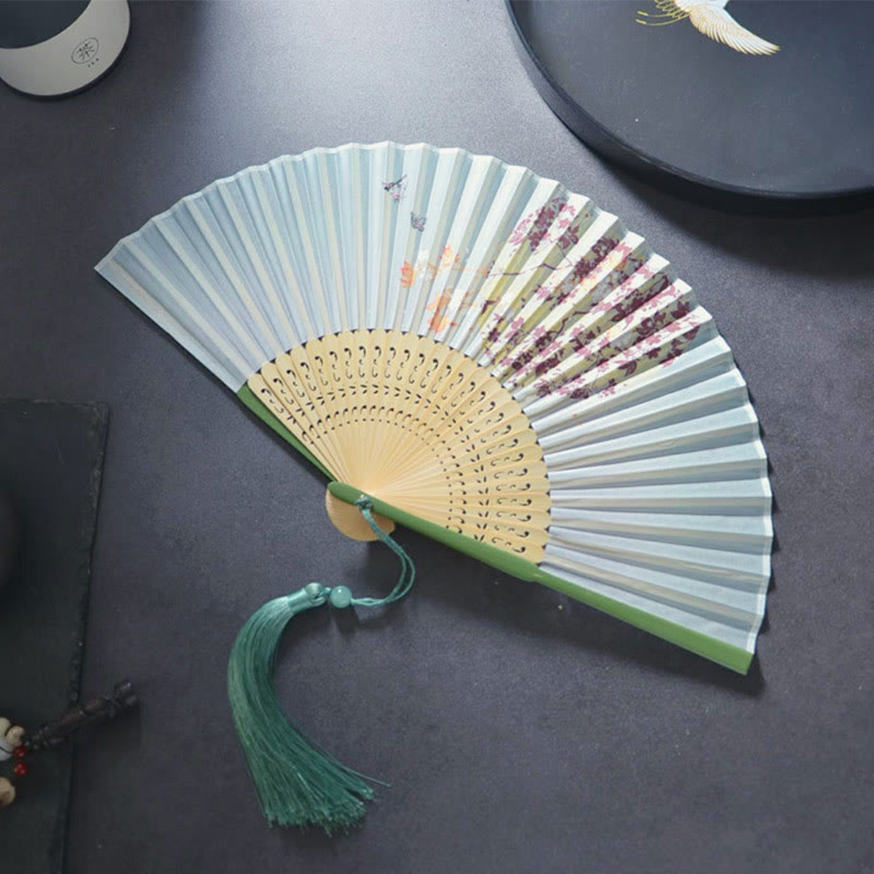 Nimara Ritual Gardenia Cherry Blossom Moon Handheld Polyester Bamboo Folding Fan 21cm