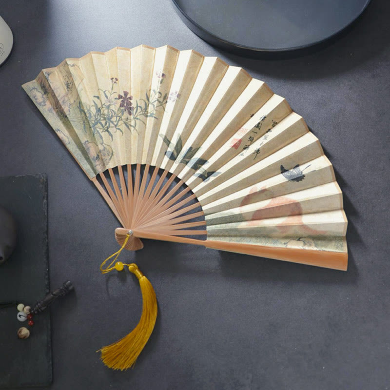 Nimara Ritual Butterfly Cat Flower Handheld Cotton Linen Fabric Bamboo Folding Fan