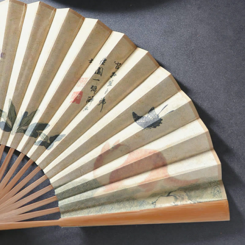 Nimara Ritual Butterfly Cat Flower Handheld Cotton Linen Fabric Bamboo Folding Fan