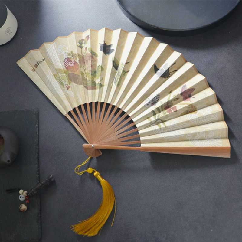 Nimara Ritual Butterfly Cat Flower Handheld Cotton Linen Fabric Bamboo Folding Fan
