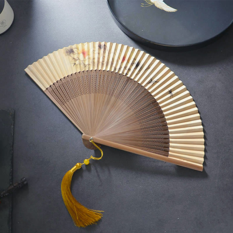 Nimara Ritual Lotus Dragonfly Peony Butterfly Handheld Paper Bamboo Folding Fan 22.5cm