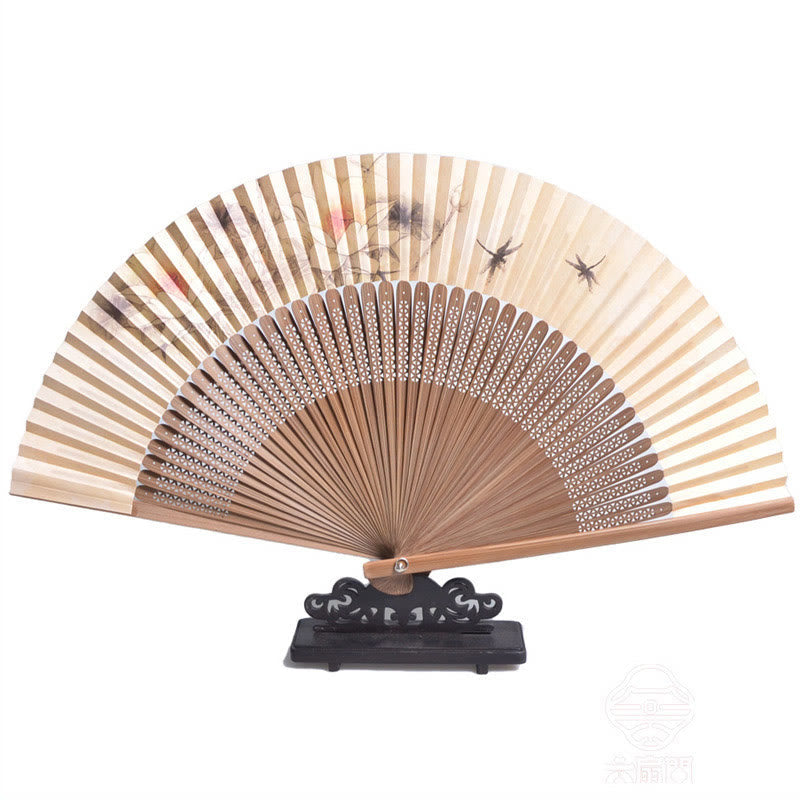 Nimara Ritual Lotus Dragonfly Peony Butterfly Handheld Paper Bamboo Folding Fan 22.5cm