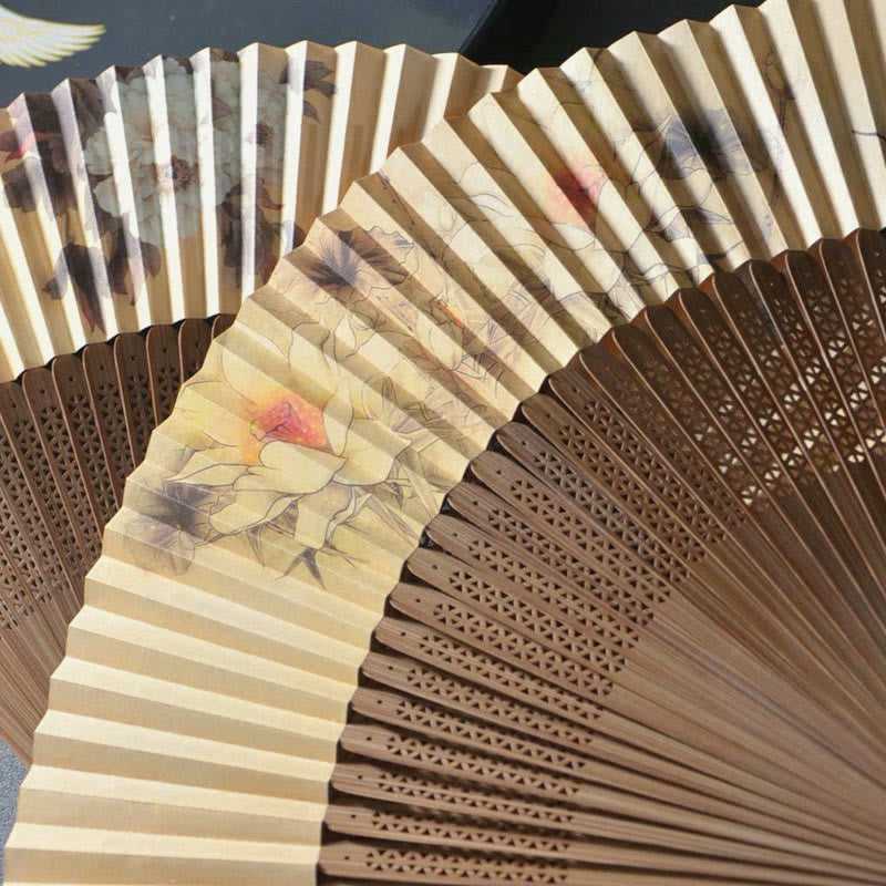 Nimara Ritual Lotus Dragonfly Peony Butterfly Handheld Paper Bamboo Folding Fan 22.5cm