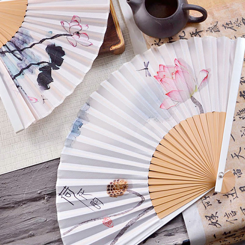 Nimara Ritual Chinese Characters Ink Painting Lotus Flower Leaf Landscape Handheld Huayao Crepe Polyester Bamboo Folding Fan 23.3cm