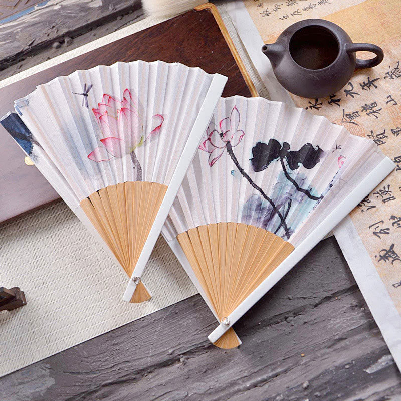 Nimara Ritual Chinese Characters Ink Painting Lotus Flower Leaf Landscape Handheld Huayao Crepe Polyester Bamboo Folding Fan 23.3cm