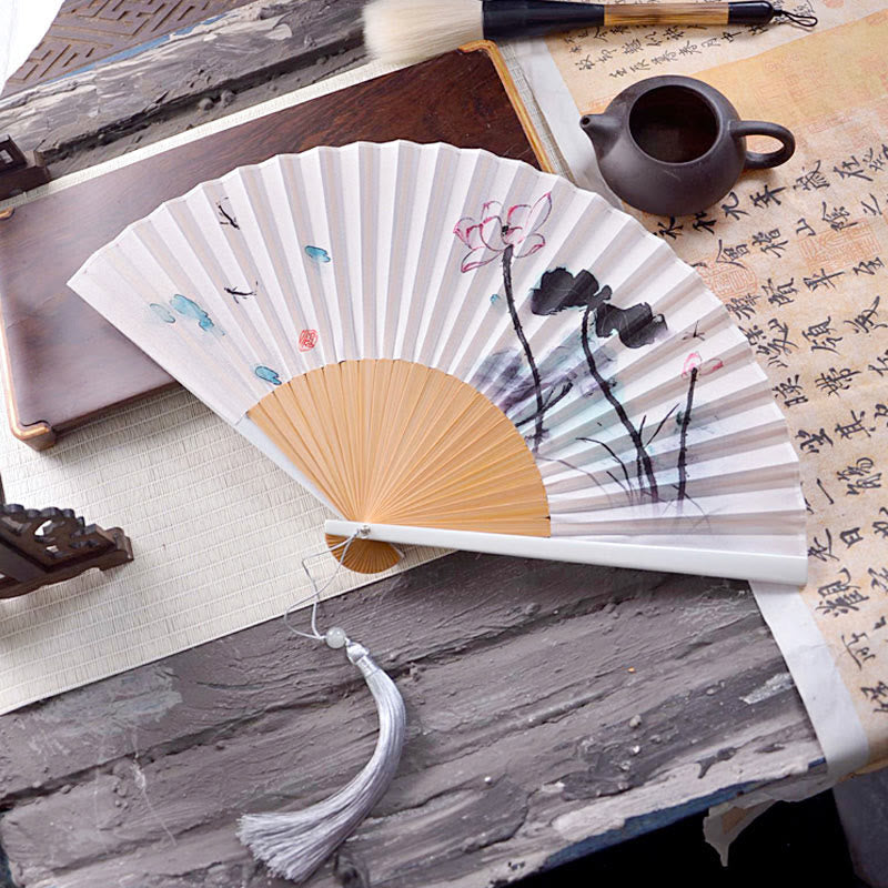 Nimara Ritual Chinese Characters Ink Painting Lotus Flower Leaf Landscape Handheld Huayao Crepe Polyester Bamboo Folding Fan 23.3cm