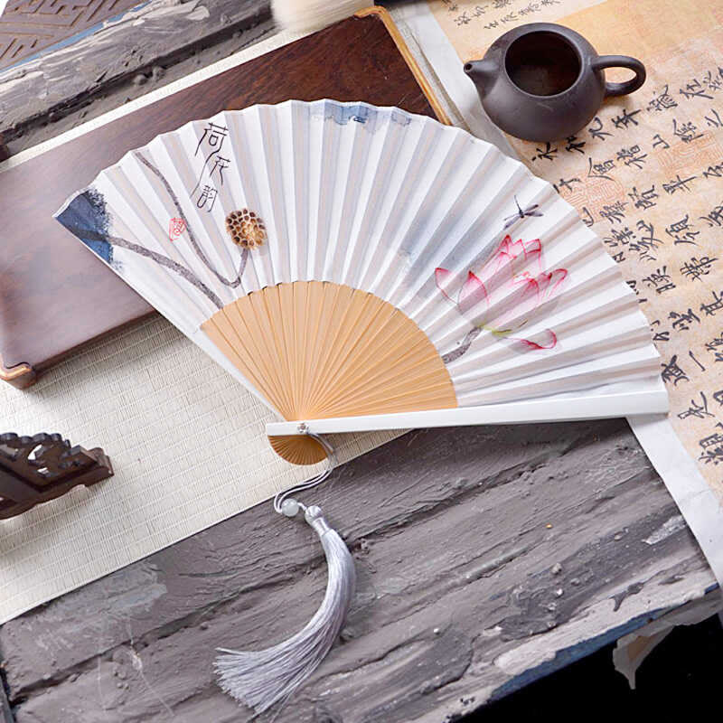Nimara Ritual Chinese Characters Ink Painting Lotus Flower Leaf Landscape Handheld Huayao Crepe Polyester Bamboo Folding Fan 23.3cm