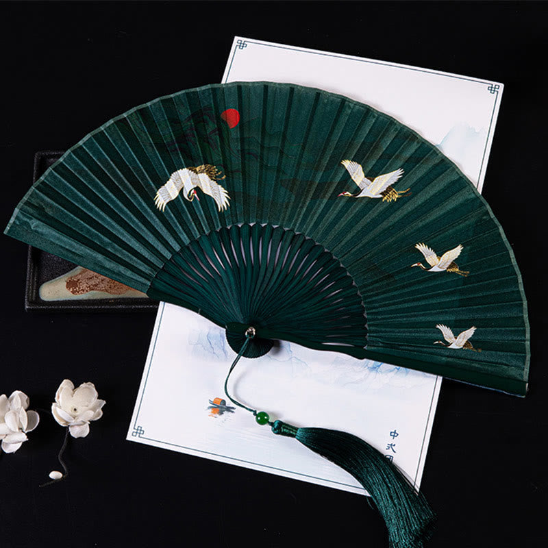 Nimara Ritual Cranes Auspicious Clouds Solid Color Gradient Handheld Bamboo Folding Fan