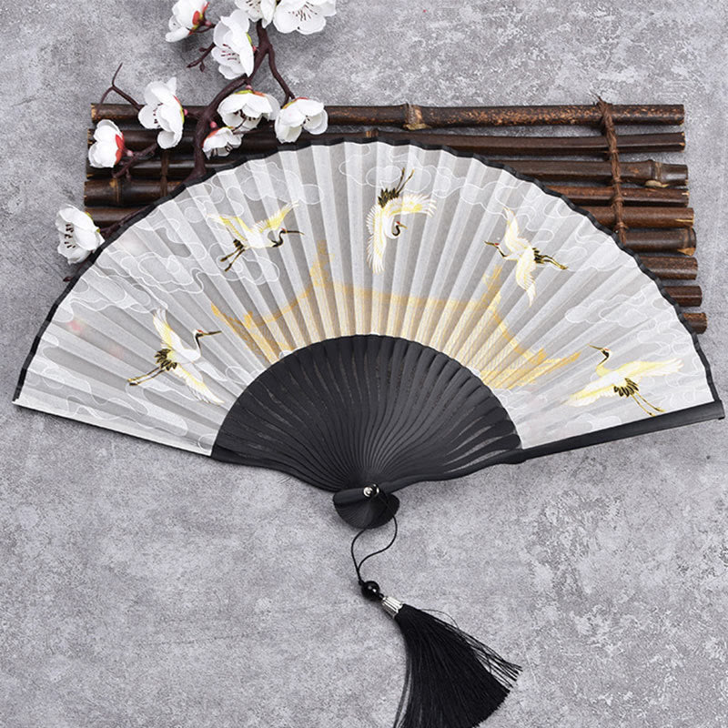 Nimara Ritual Cranes Auspicious Clouds Solid Color Gradient Handheld Bamboo Folding Fan