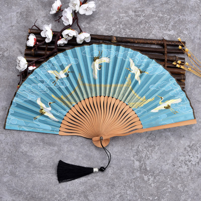 Nimara Ritual Cranes Auspicious Clouds Solid Color Gradient Handheld Bamboo Folding Fan