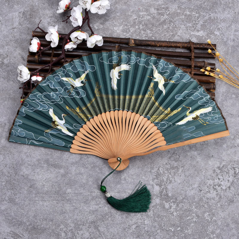 Nimara Ritual Cranes Auspicious Clouds Solid Color Gradient Handheld Bamboo Folding Fan