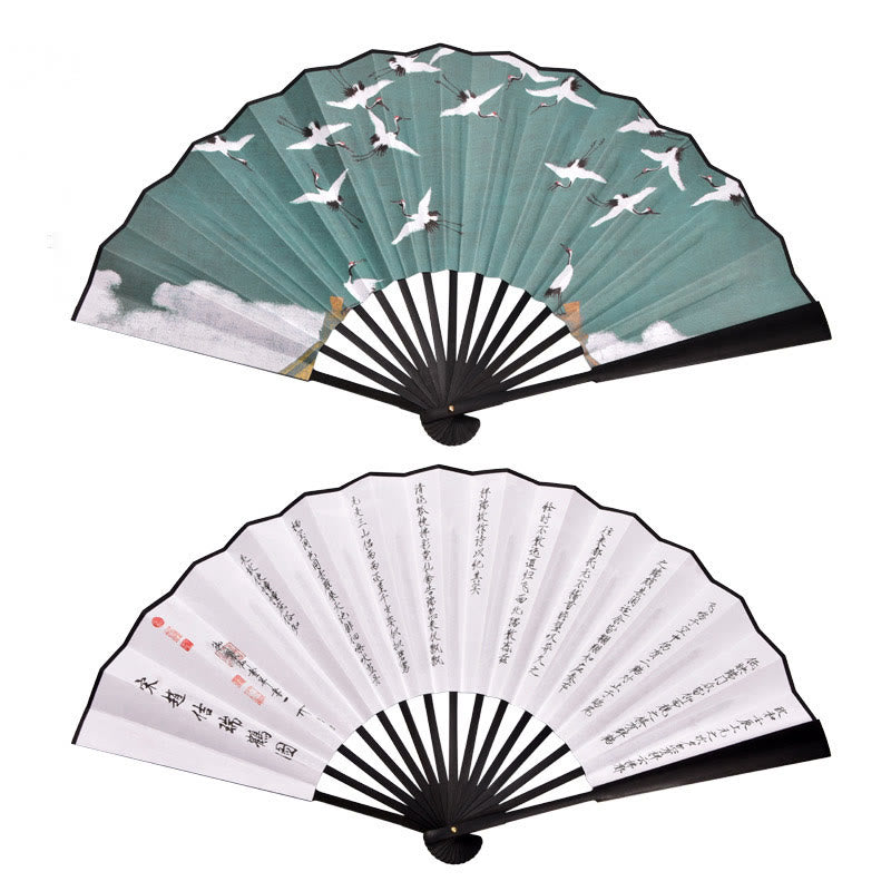 Nimara Ritual Cranes Auspicious Clouds Solid Color Gradient Handheld Bamboo Folding Fan