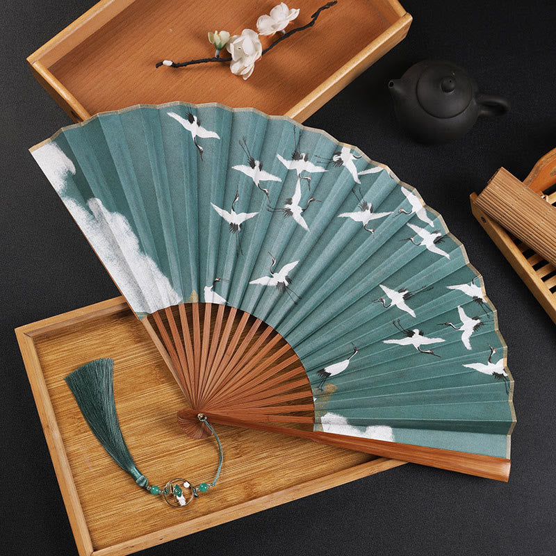 Nimara Ritual Cranes Auspicious Clouds Solid Color Gradient Handheld Bamboo Folding Fan
